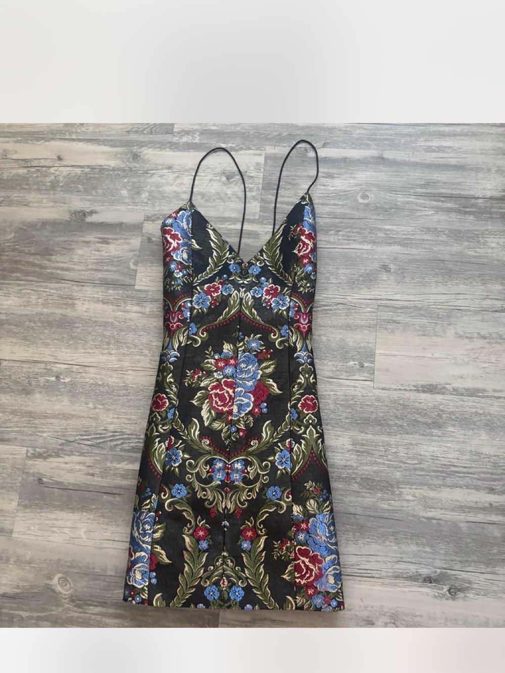 Alice + Olivia Black Floral Jacquard Mini Dress with Red & Blue Accents